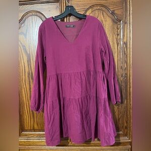 Fancyinn Burgundy Long Sleeve Dress Babydoll Mini